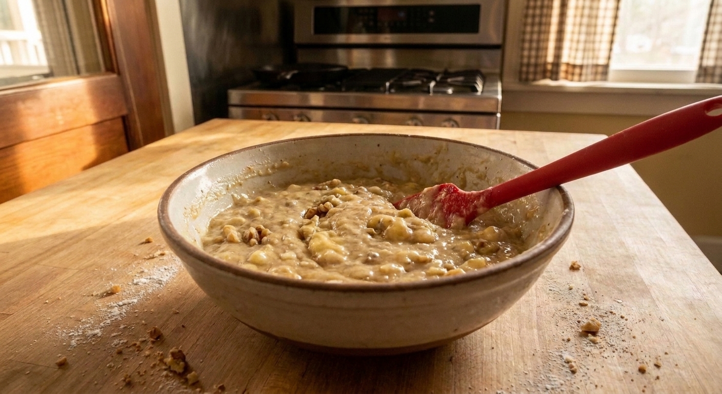 A mixing bowl filled with banana bread batter and a rubber spatula resting inside, on a tidy kitchen counter with soft daylight