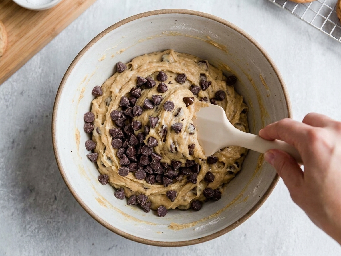 A mixing bowl filled with chocolate chip cookie dough as chocolate chips are being folded in with a rubber spatula on a kitchen counter