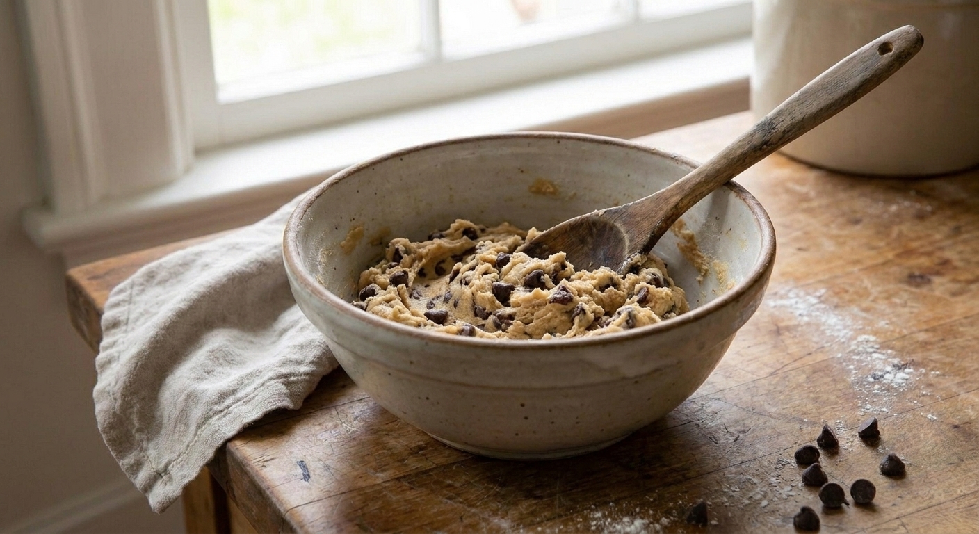 A mixing bowl filled with chocolate chip cookie dough with a wooden spoon resting inside on a kitchen counter
