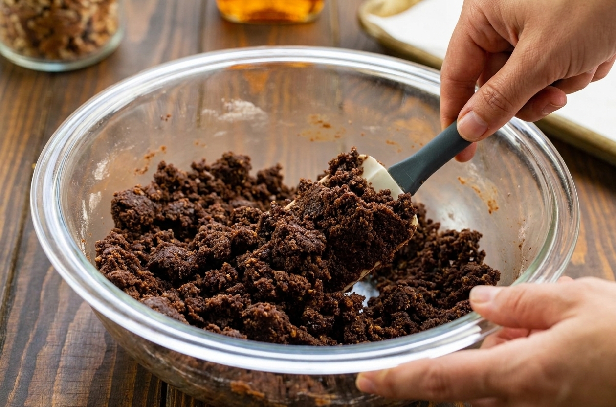 A mixing bowl filled with chocolate cookie crumb mixture as a hand stirs with a spatula on a light kitchen counter