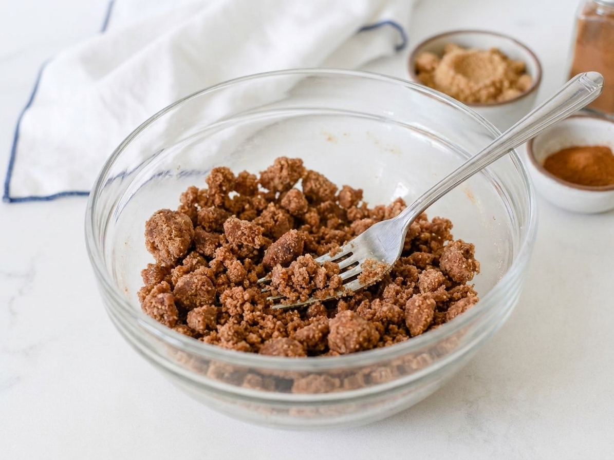A mixing bowl filled with chunky cinnamon brown sugar streusel crumbs, with a fork resting in the bowl