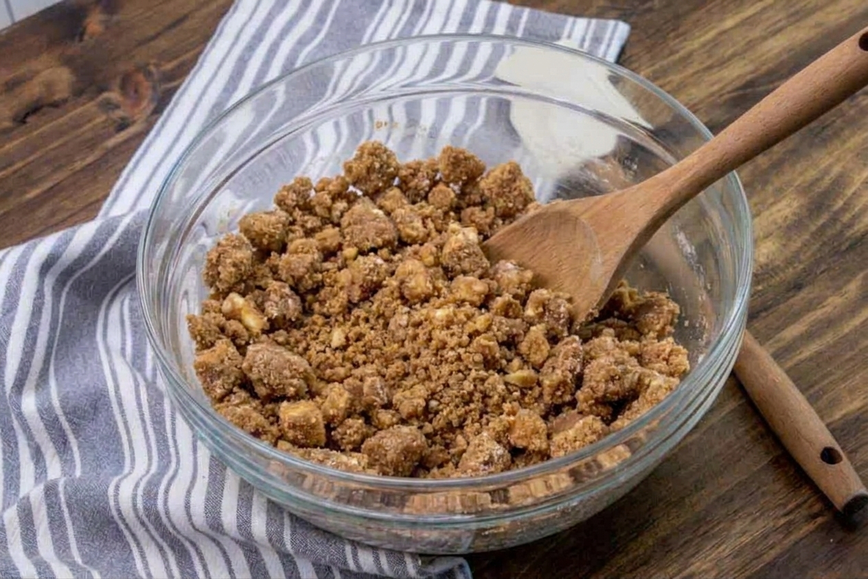 A mixing bowl filled with chunky cinnamon brown sugar streusel crumbs, ready to be chilled