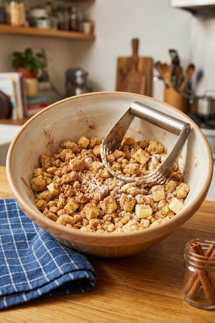 A mixing bowl filled with chunky cinnamon streusel crumbs made with flour brown sugar and butter, a pastry cutter resting in the bowl, close-up kitchen counter scene, photorealistic food photography