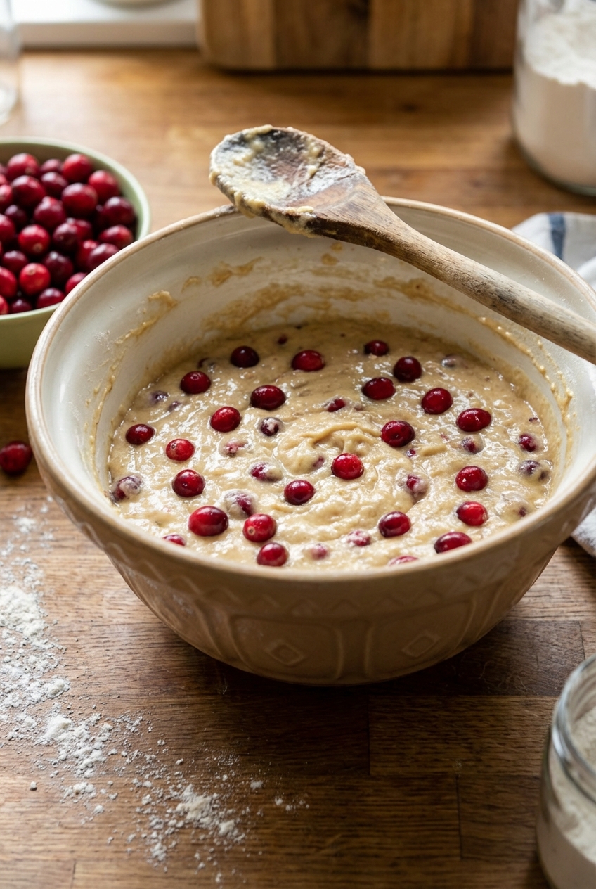 A mixing bowl filled with cranberry bread batter with visible cranberries and a wooden spoon resting on the rim