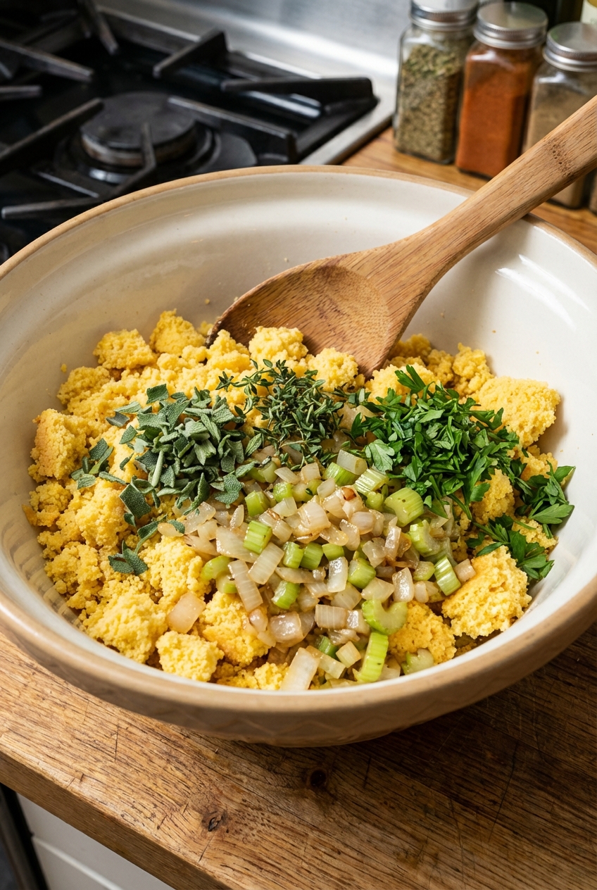 A mixing bowl filled with crumbled cornbread, sautéed onions and celery, and herbs ready to be stirred
