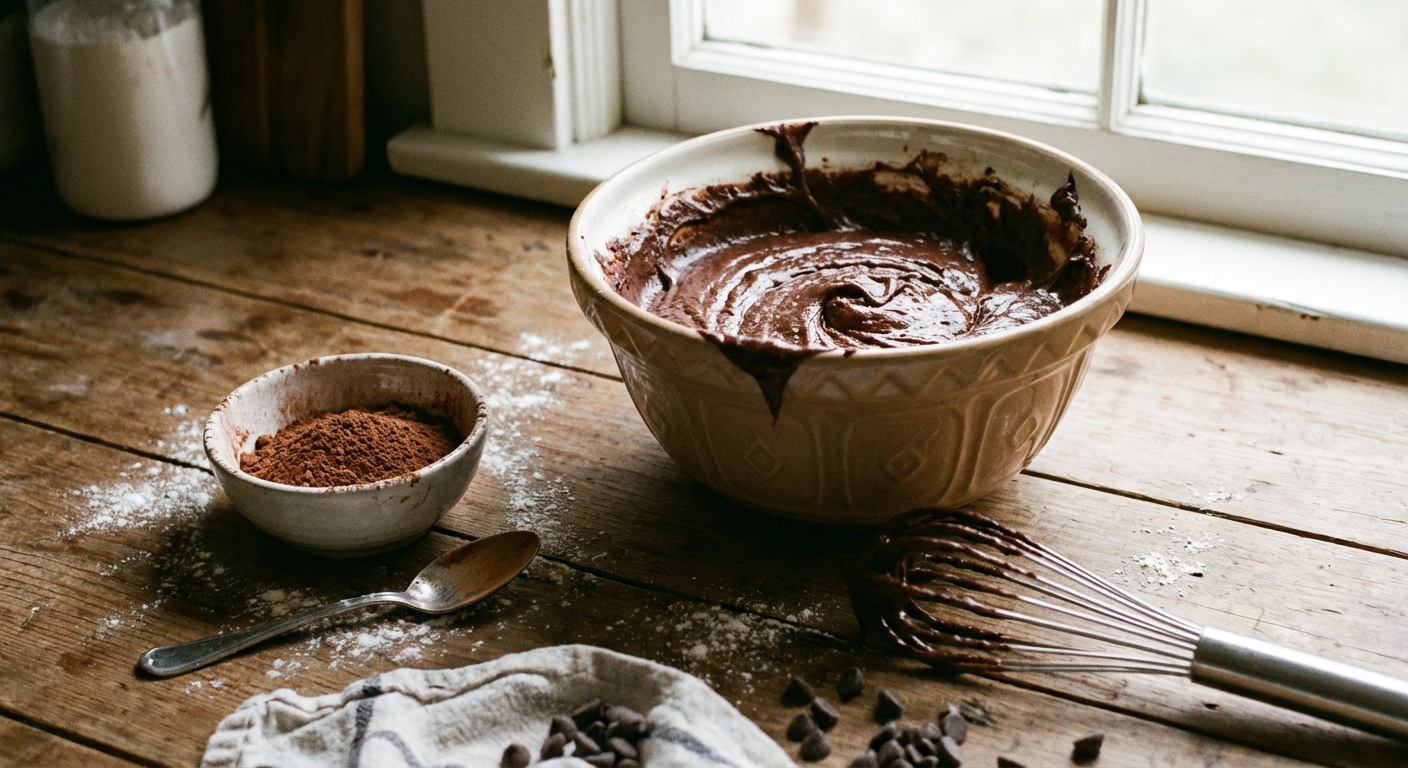 A mixing bowl filled with dark chocolate cupcake batter next to a whisk and a small bowl of cocoa powder on a kitchen counter