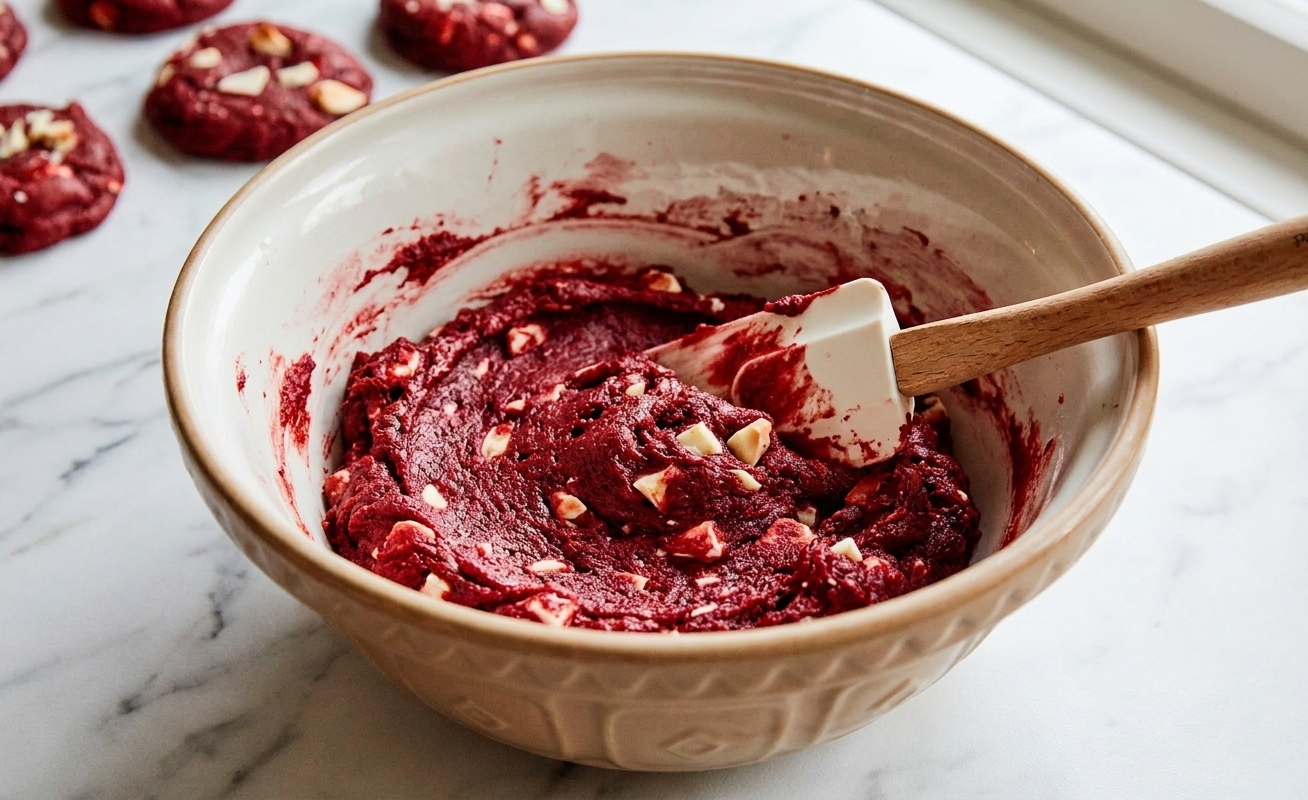A mixing bowl filled with deep red velvet cookie dough with a rubber spatula resting inside on a bright kitchen counter