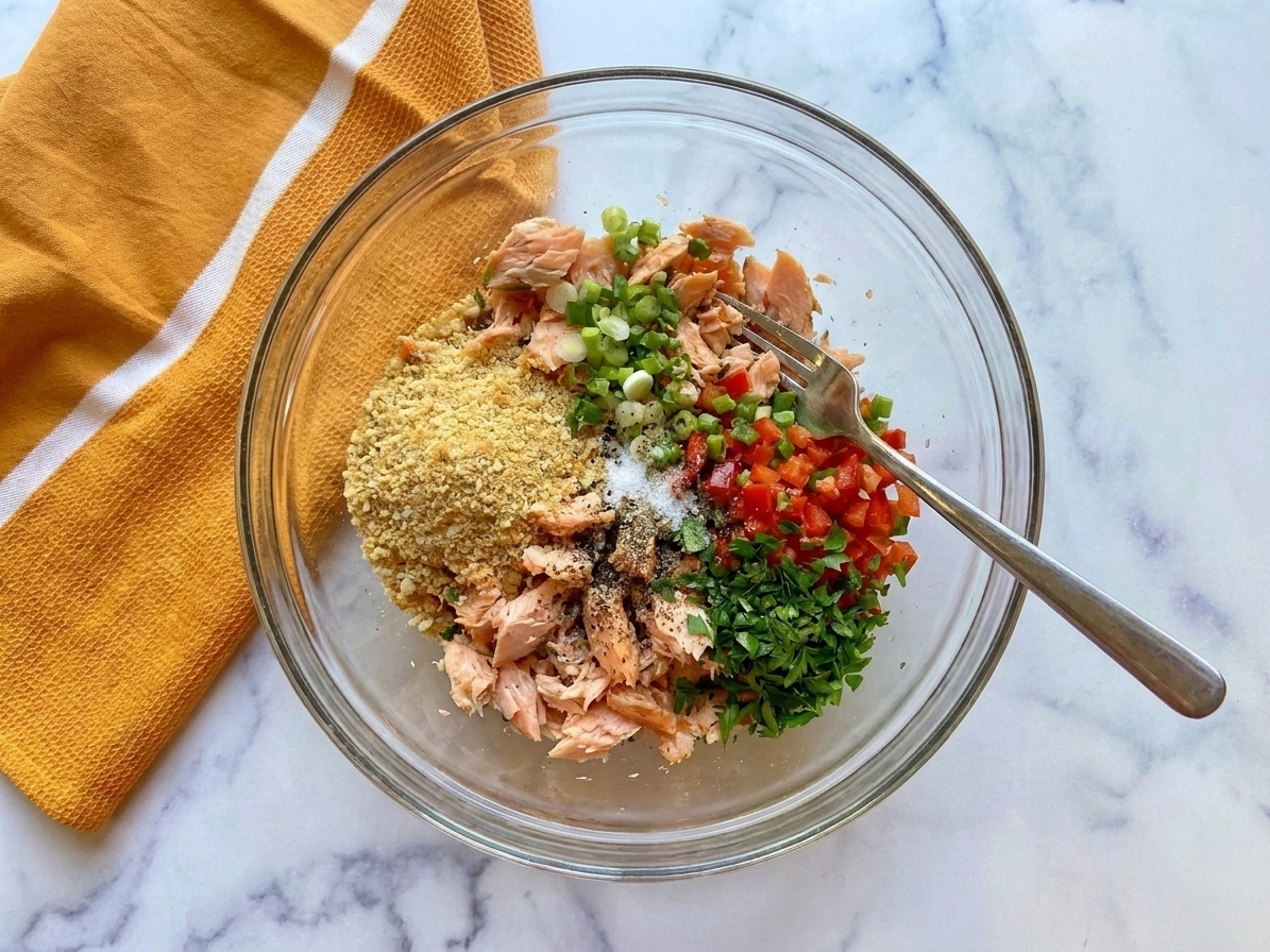 A mixing bowl filled with flaked salmon, breadcrumbs, herbs, and seasonings with a fork resting inside.