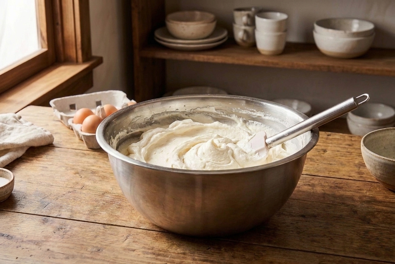 A mixing bowl filled with fluffy mascarpone cream frosting with soft swirls, sitting beside a spatula
