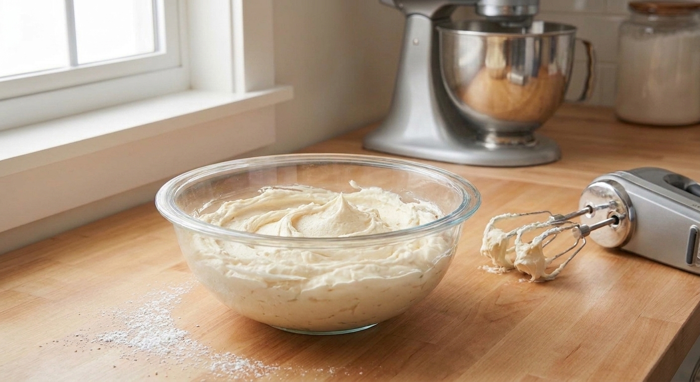 A mixing bowl filled with fluffy vanilla buttercream with a hand mixer resting beside it on a clean kitchen counter