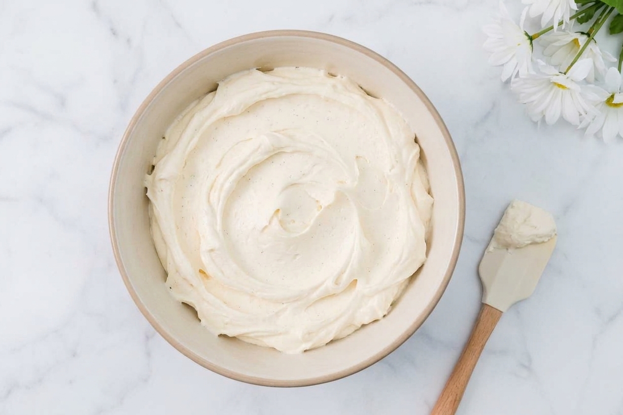 A mixing bowl filled with fluffy whipped vanilla buttercream next to a spatula on a kitchen counter