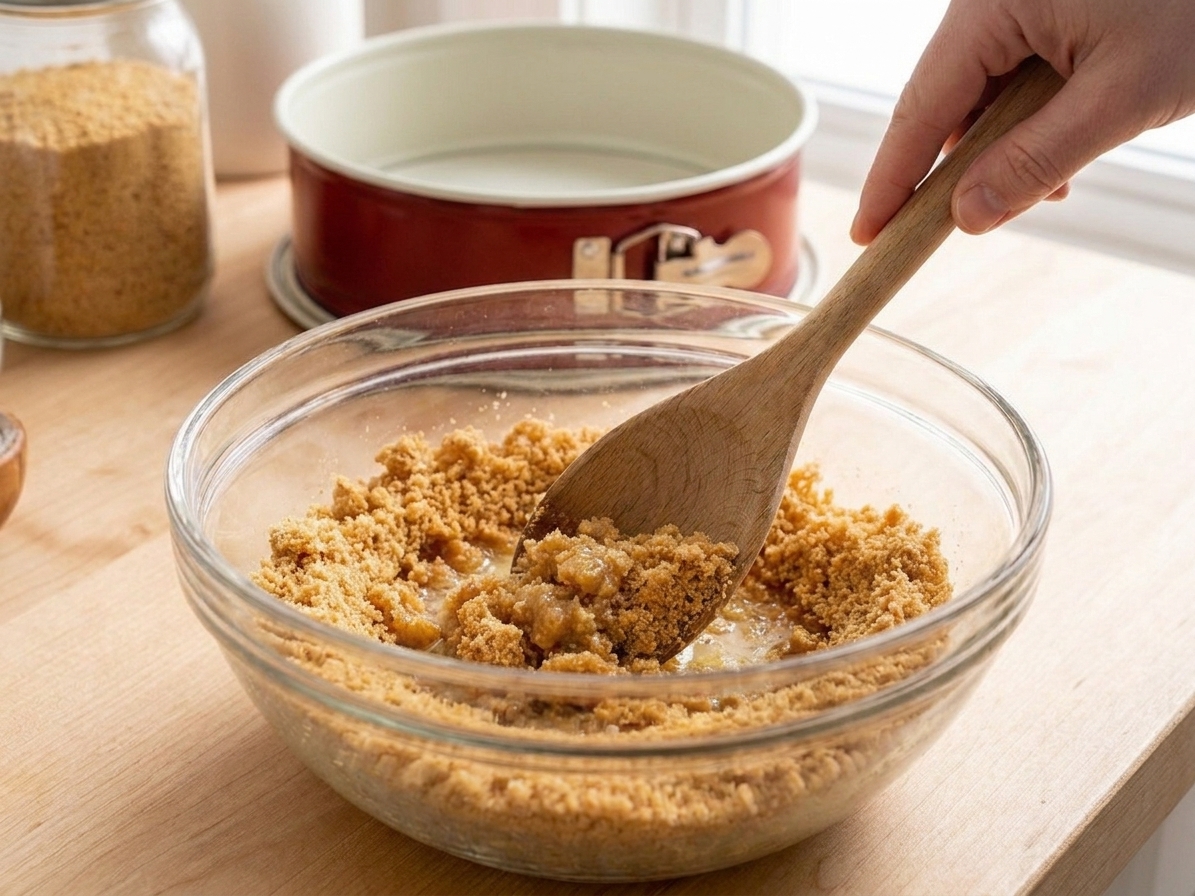 A mixing bowl filled with graham cracker crumbs and melted butter being stirred with a spoon on a bright kitchen counter