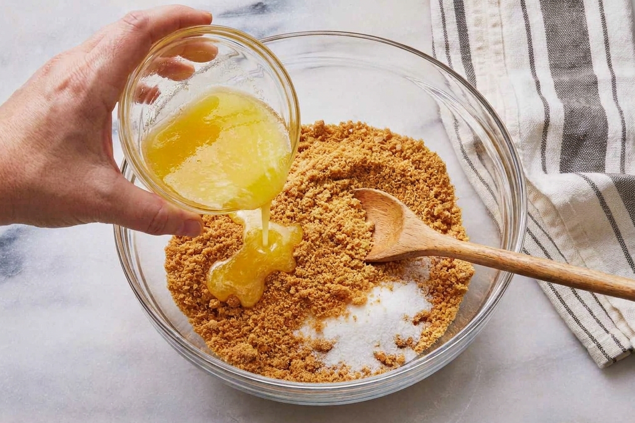 A mixing bowl filled with graham cracker crumbs and sugar with melted butter being poured in from a small cup