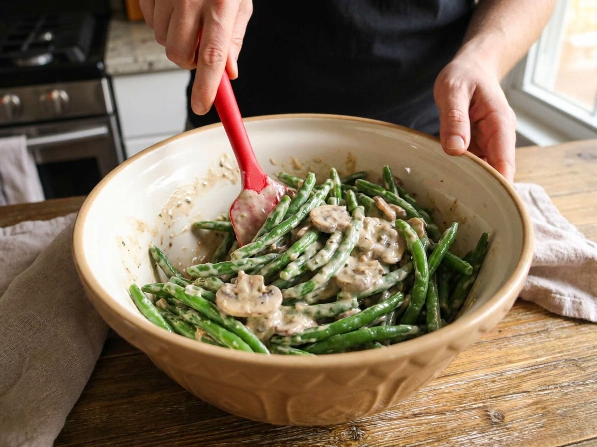 A mixing bowl filled with green beans coated in creamy mushroom sauce being stirred with a rubber spatula on a kitchen counter