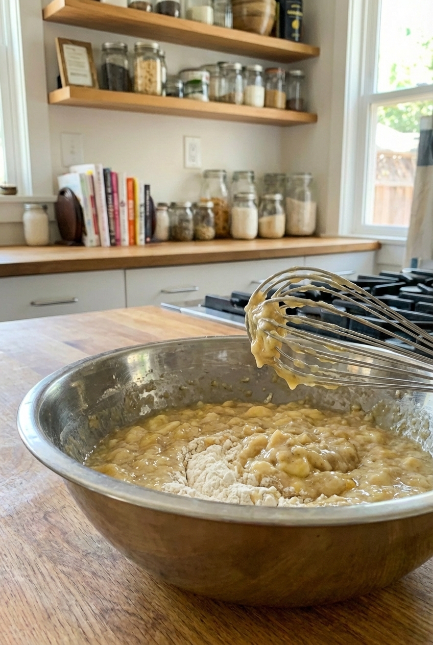 A mixing bowl filled with mashed bananas and batter, a whisk resting on the side, on a simple kitchen counter