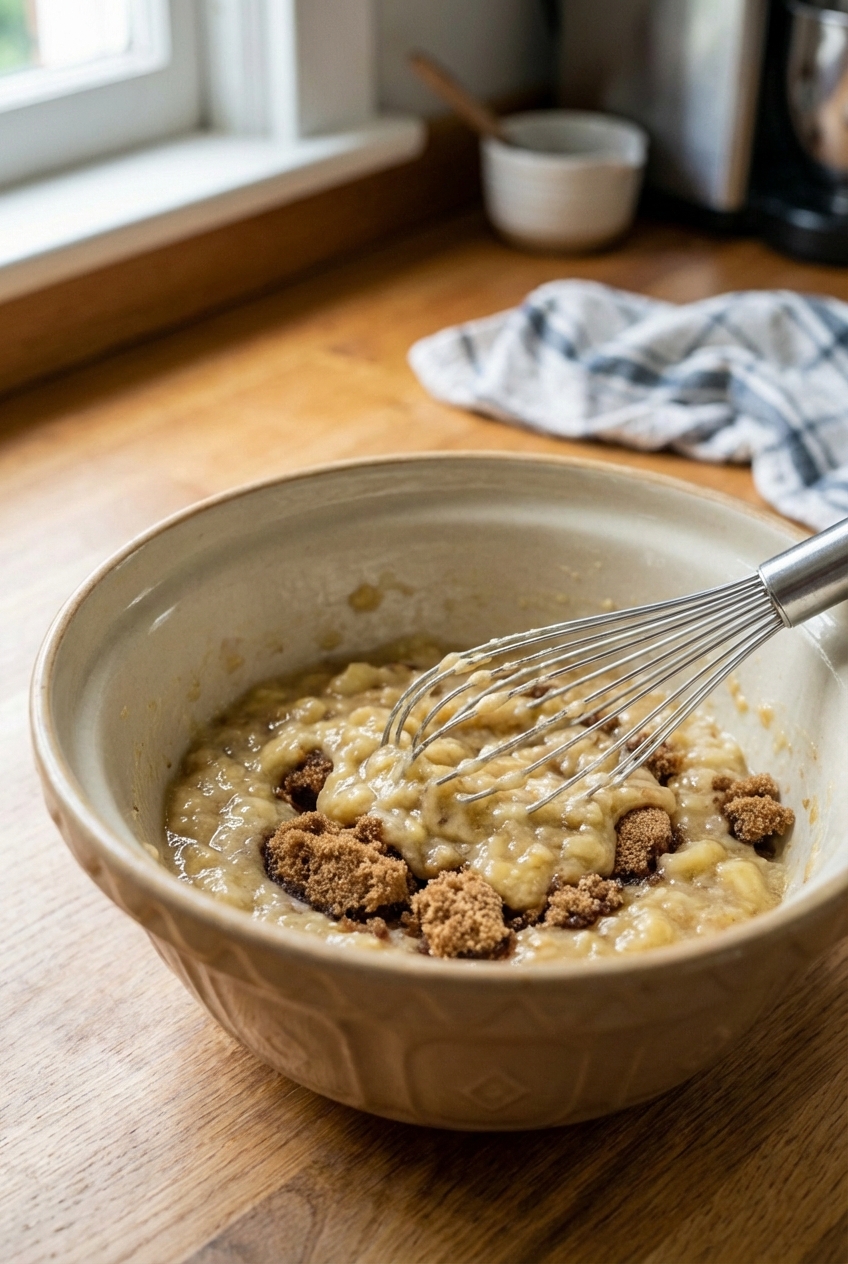 A mixing bowl filled with mashed bananas and brown sugar with a whisk resting inside