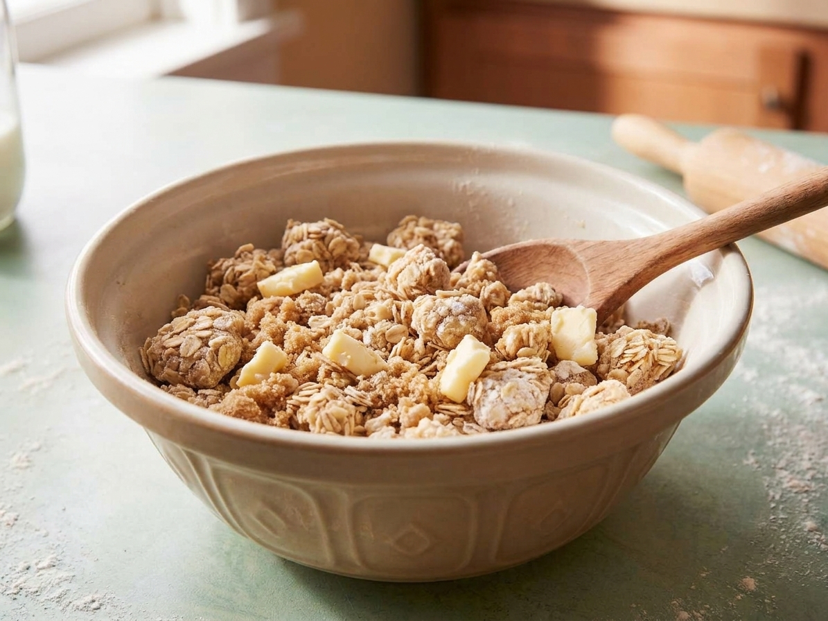A mixing bowl filled with oat crumble topping with visible butter pieces and chunky clumps, sitting on a bright kitchen counter