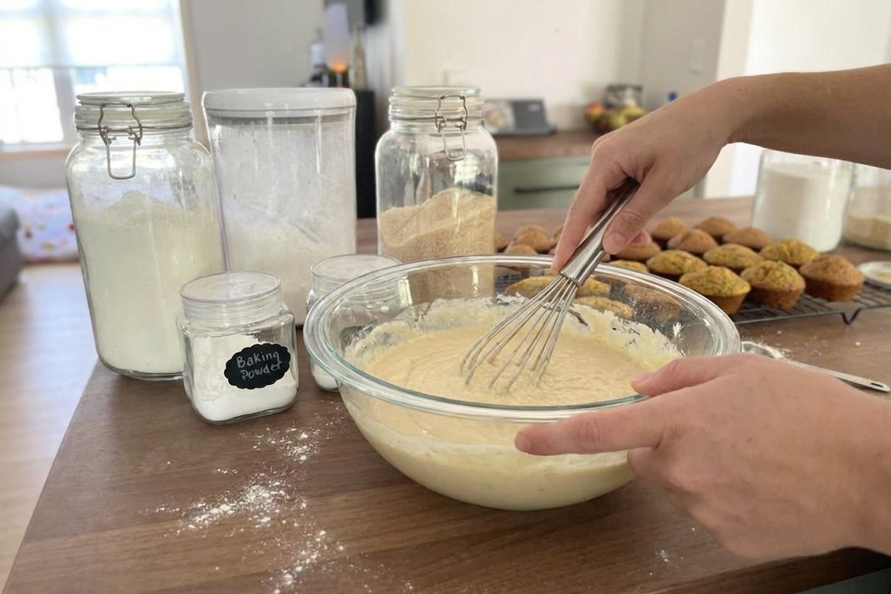 A mixing bowl filled with pancake batter being whisked on a kitchen counter, with flour and baking powder nearby