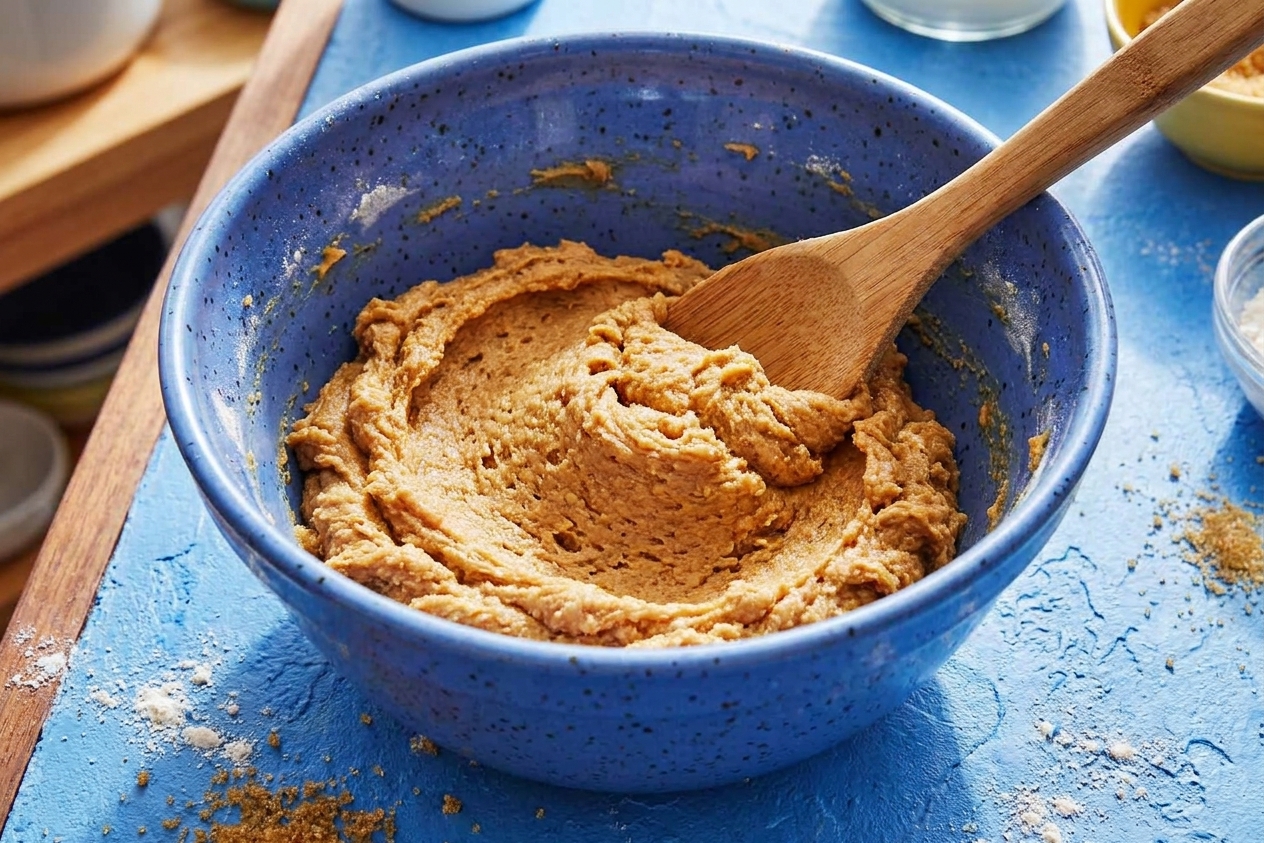 A mixing bowl filled with peanut butter cookie dough with a spatula resting inside