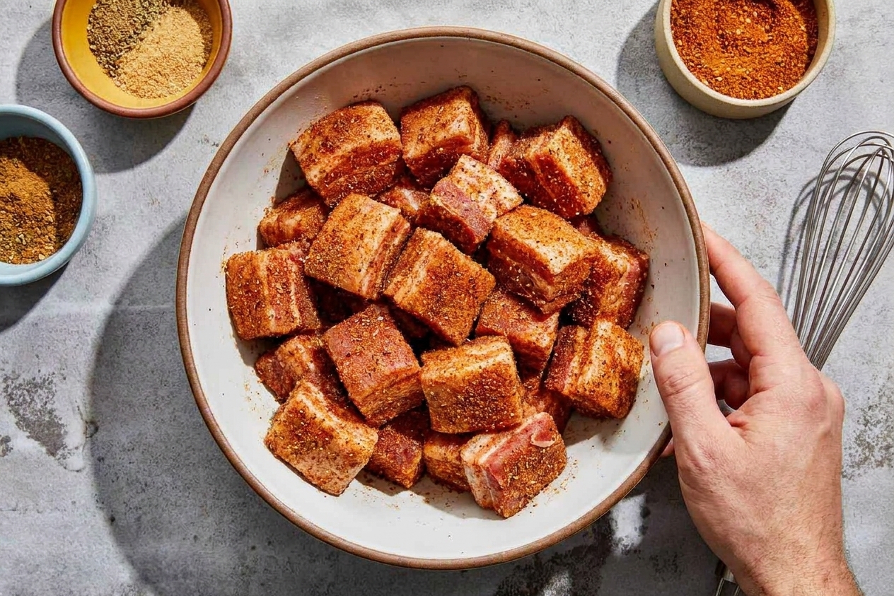A mixing bowl filled with pork belly cubes evenly coated in a reddish-brown dry rub on a kitchen counter