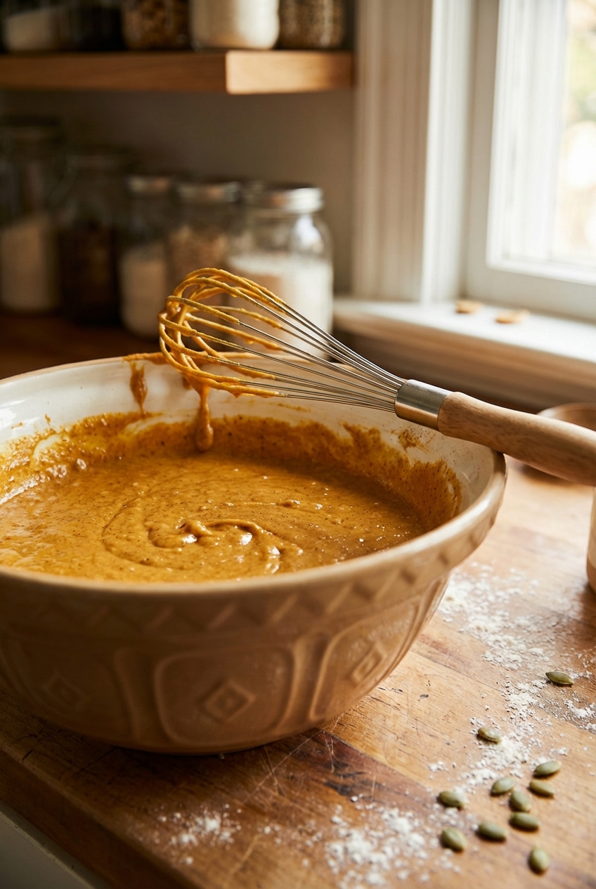 A mixing bowl filled with pumpkin bread batter and a whisk resting on the rim on a kitchen counter