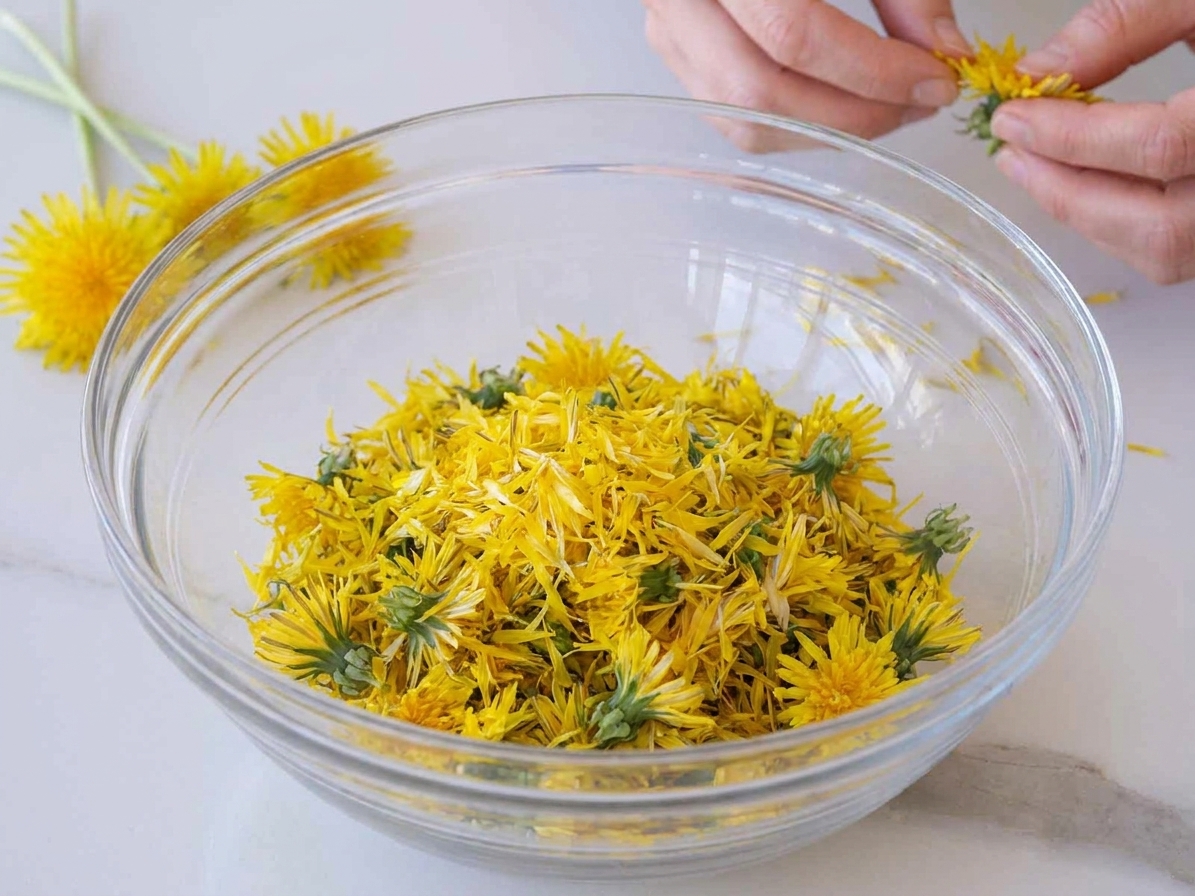 A mixing bowl filled with separated yellow dandelion petals on a kitchen counter