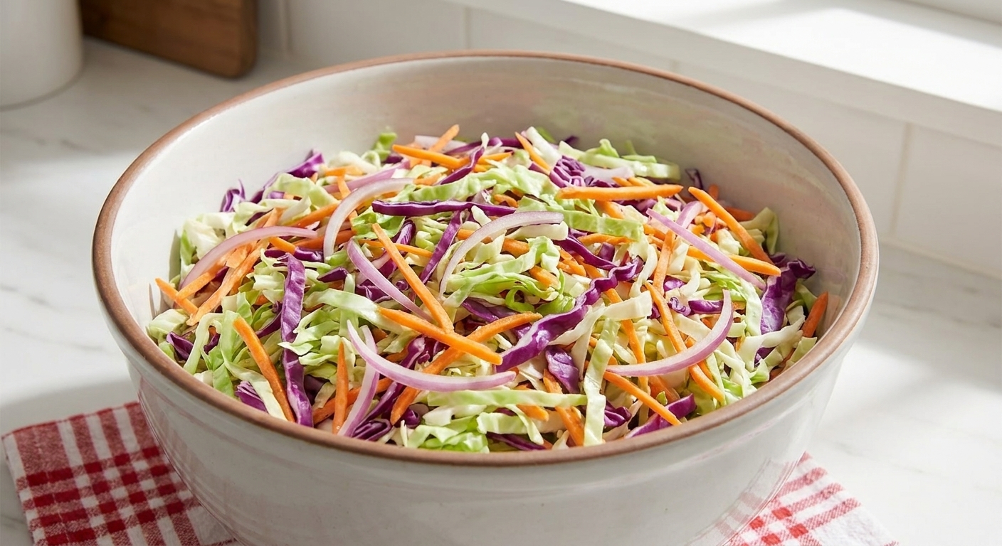 A mixing bowl filled with shredded cabbage, carrots, and sliced red onion on a kitchen counter