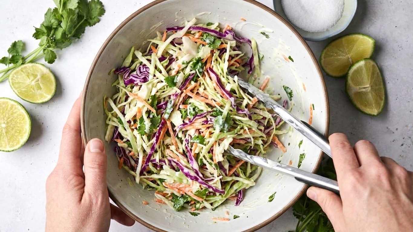A mixing bowl filled with shredded cabbage slaw being tossed with cilantro and lime dressing using tongs