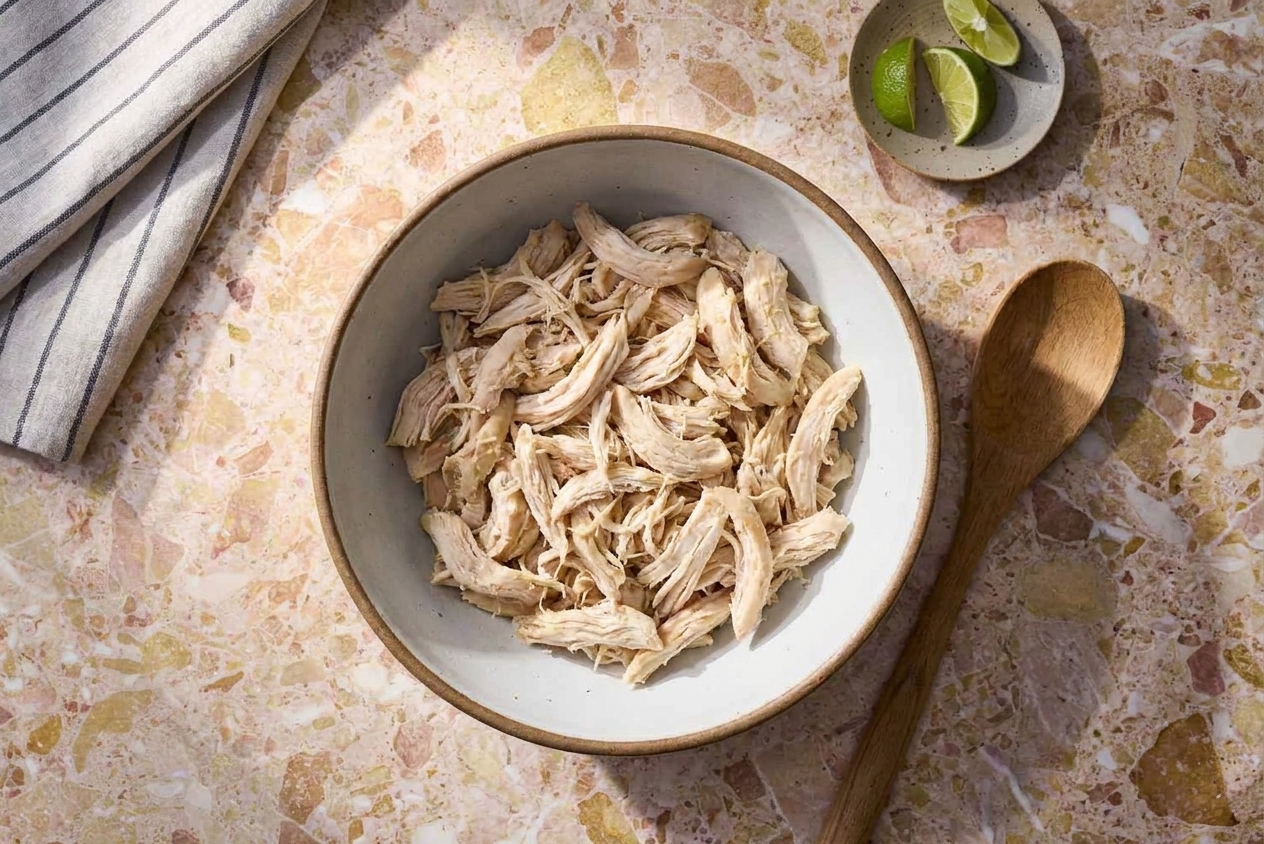 A mixing bowl filled with shredded cooked chicken on a light countertop with a wooden spoon nearby