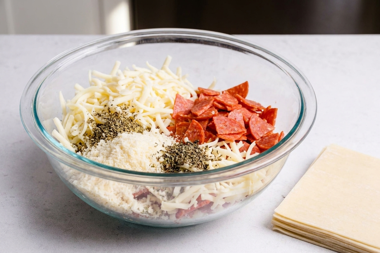 A mixing bowl filled with shredded mozzarella, chopped pepperoni, Parmesan, and seasonings on a kitchen counter next to egg roll wrappers