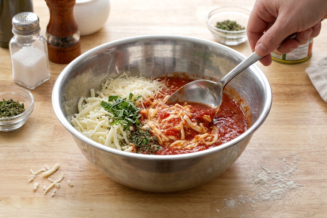 A mixing bowl filled with shredded mozzarella, grated Parmesan, herbs, and marinara being stirred with a spoon on a kitchen counter