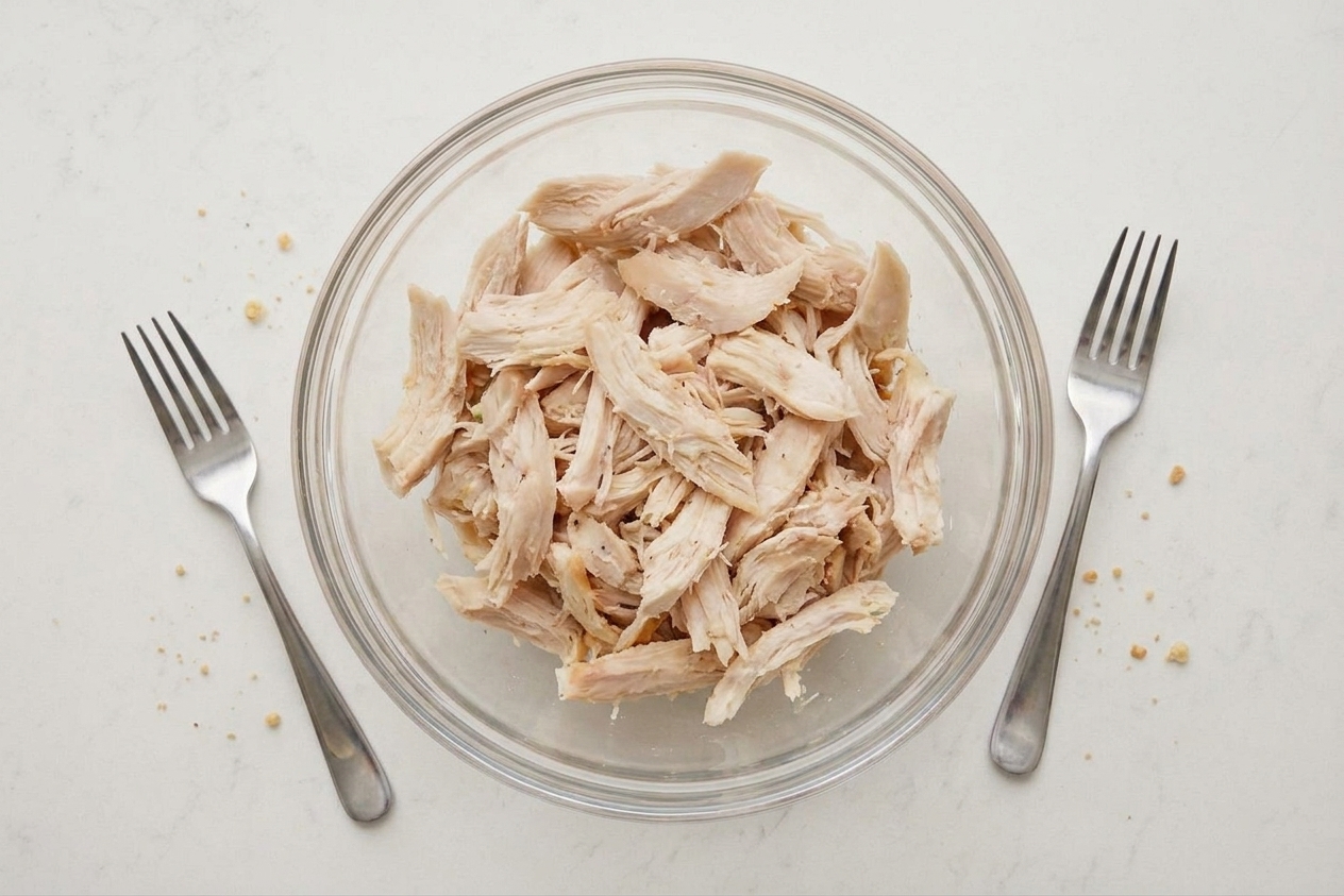 A mixing bowl filled with shredded rotisserie chicken on a kitchen counter with forks nearby