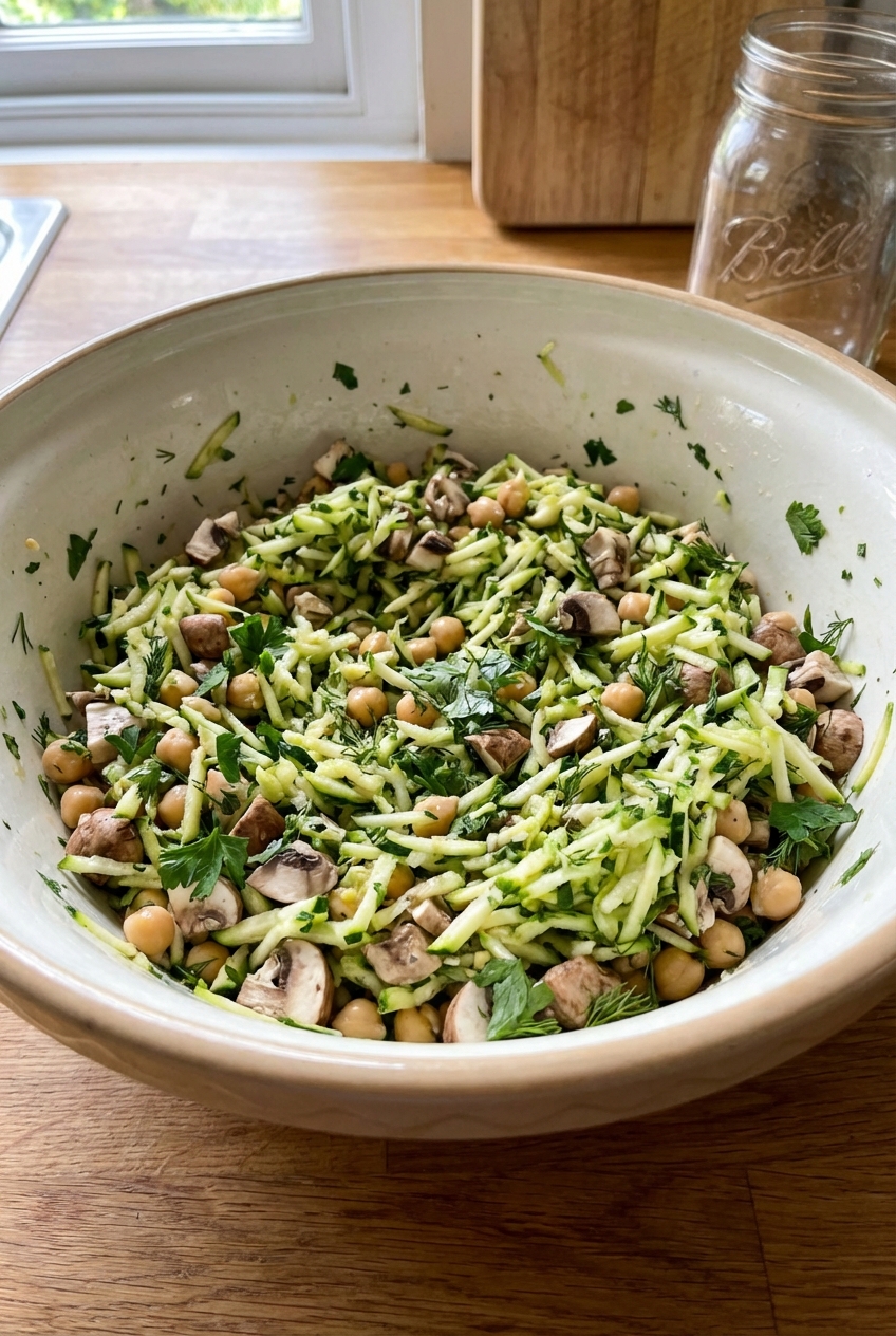 A mixing bowl filled with shredded zucchini, chopped mushrooms, chickpeas, and herbs before being formed into patties