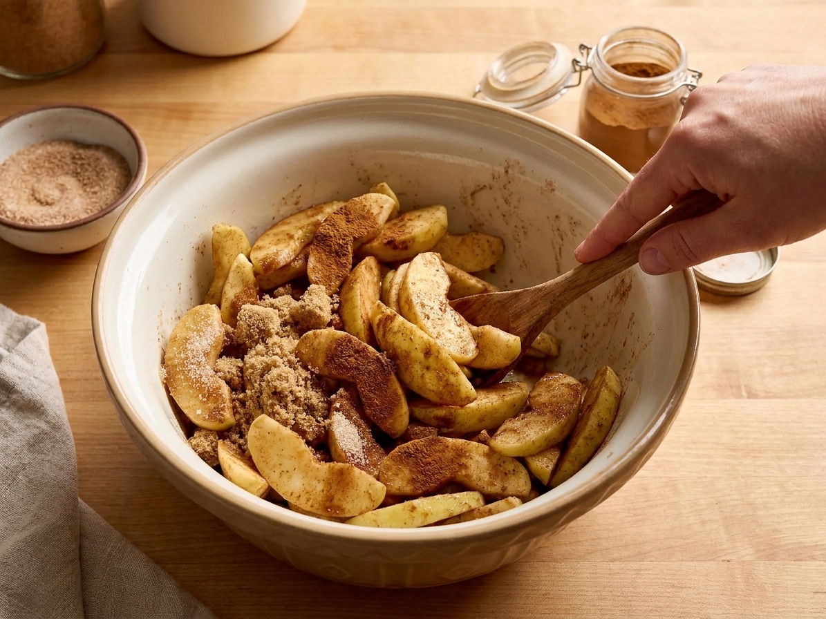 A mixing bowl filled with sliced apples being tossed with cinnamon and sugar using a wooden spoon on a kitchen counter
