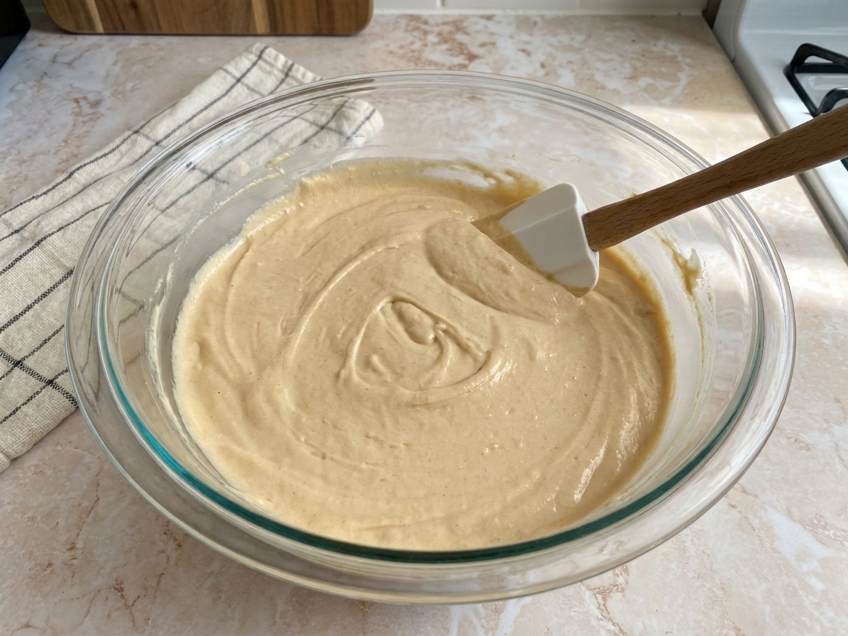 A mixing bowl filled with smooth peanut butter cheesecake batter with a rubber spatula resting on the rim, on a bright kitchen counter