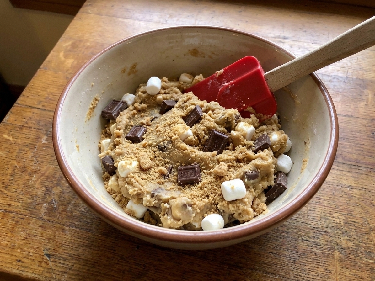 A mixing bowl filled with s'mores cookie dough speckled with graham crumbs, chocolate chunks, and mini marshmallows, with a rubber spatula resting inside