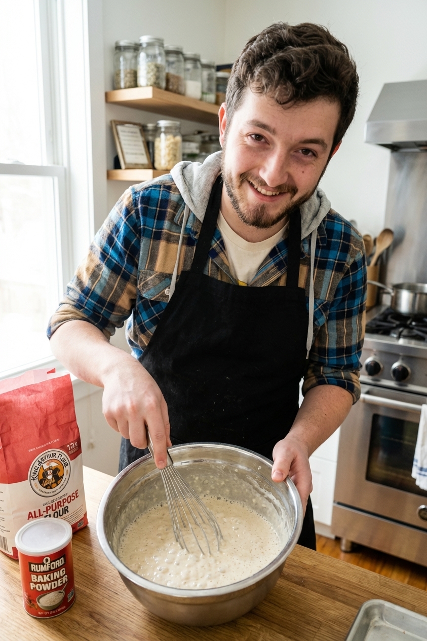 A mixing bowl filled with sourdough pancake batter on a countertop with a whisk resting inside, flour and baking powder nearby, bright natural kitchen light