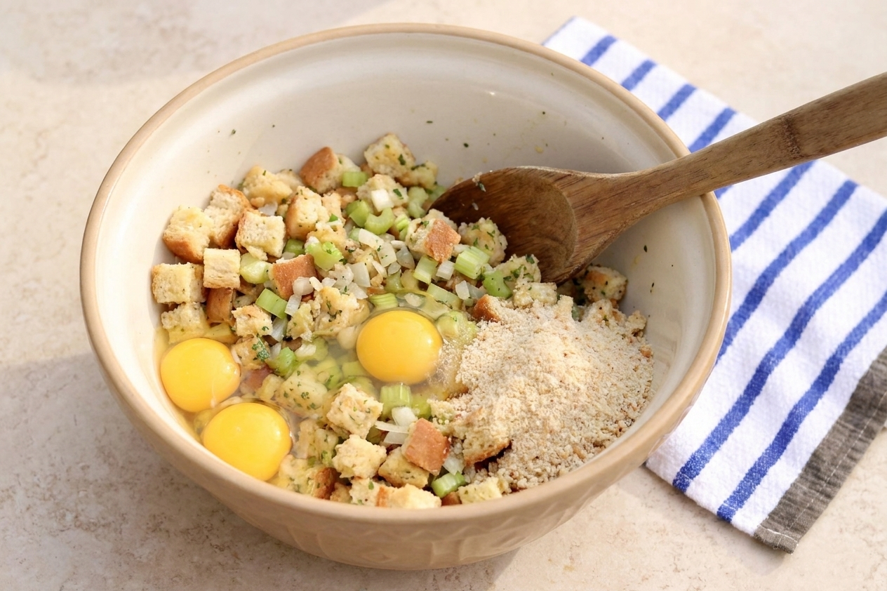A mixing bowl filled with stuffing mixture with eggs and breadcrumbs partially mixed in, sitting on a kitchen counter with a wooden spoon
