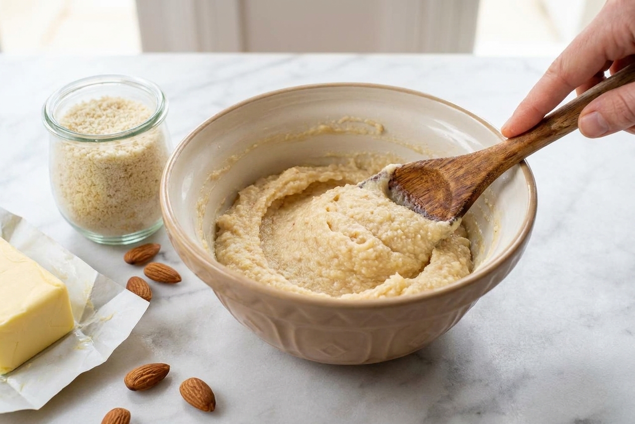 A mixing bowl filled with thick almond cream with a spatula, on a kitchen counter next to almond flour and butter