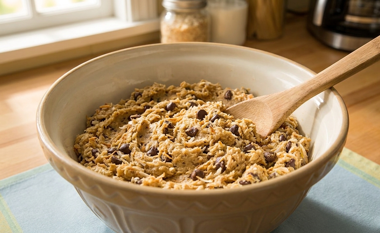 A mixing bowl filled with thick cookie dough with visible shredded coconut and chocolate chips, with a spatula resting in the bowl on a kitchen counter