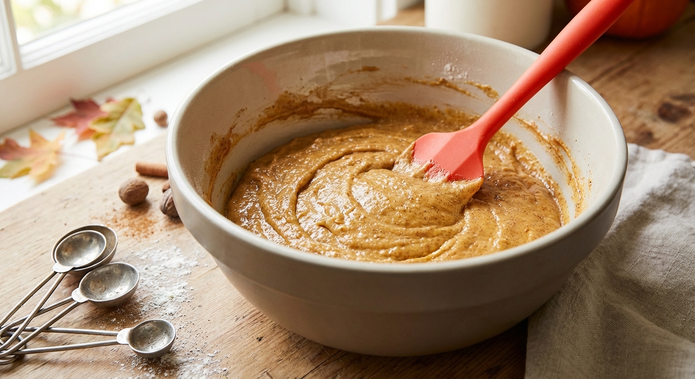 A mixing bowl filled with thick pumpkin muffin batter and a silicone spatula scraping the sides, photographed on a wooden countertop with measuring spoons nearby, bright natural light