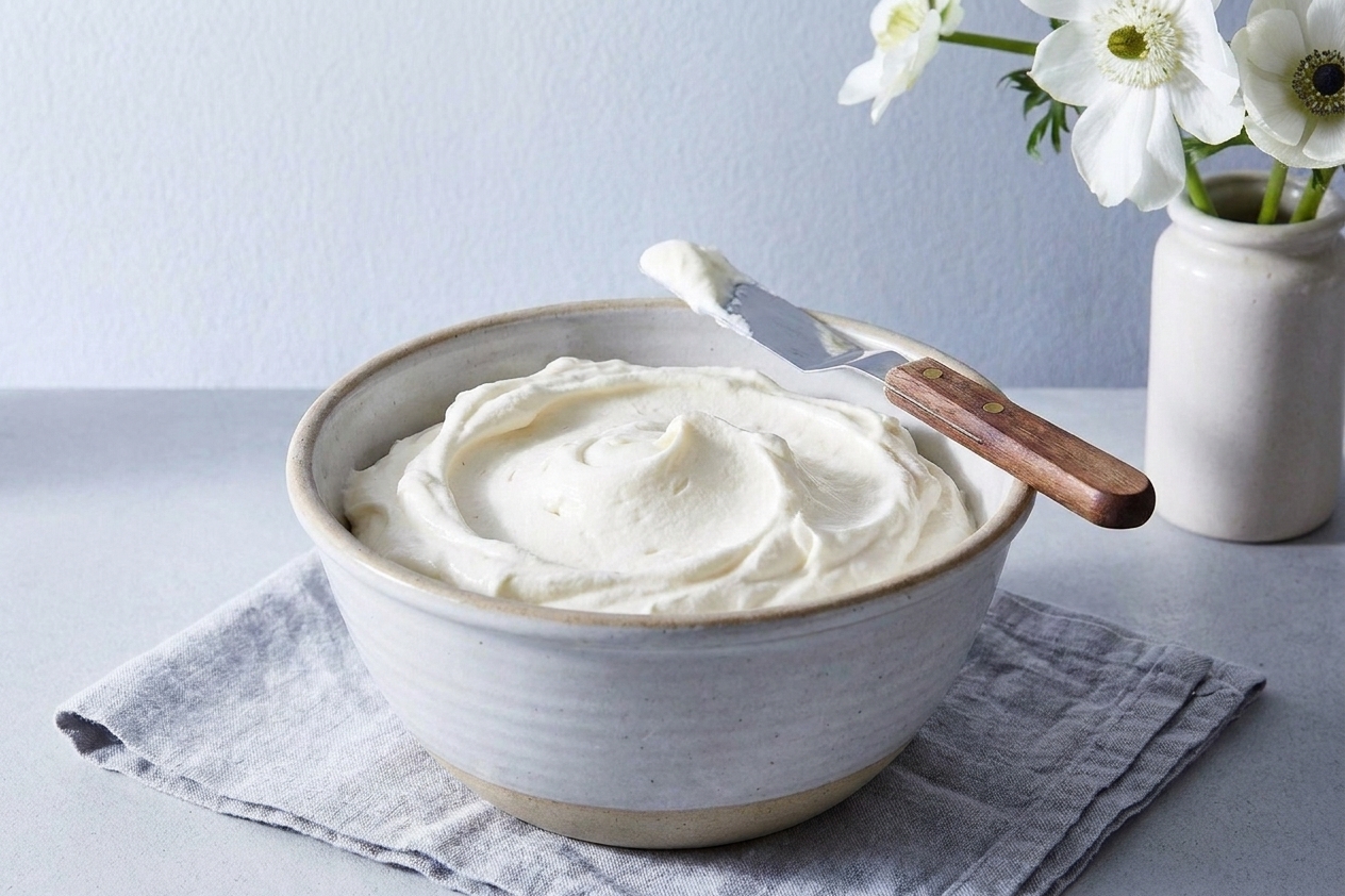 A mixing bowl filled with thick stabilized whipped cream frosting with soft swirls and an offset spatula resting on the rim