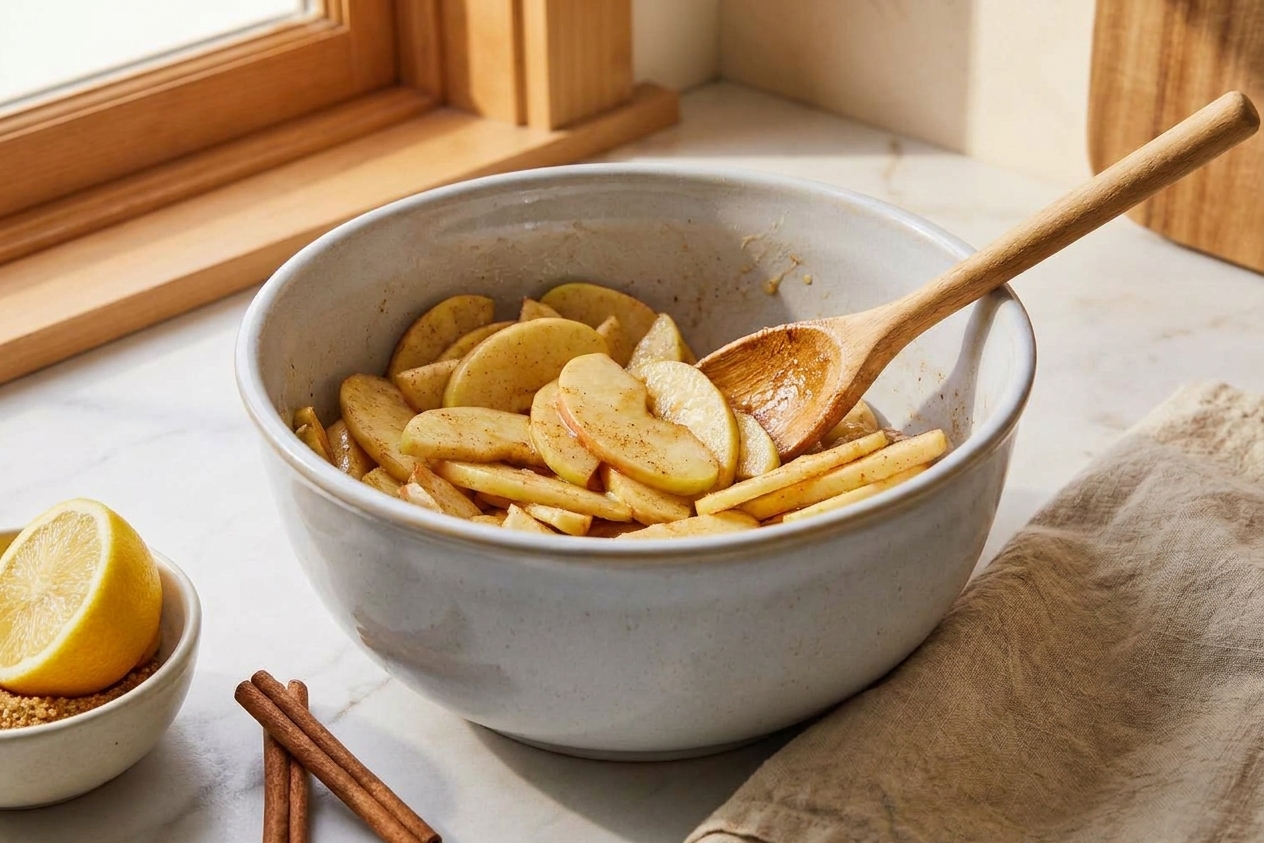 A mixing bowl filled with thinly sliced apples tossed with cinnamon and lemon juice on a kitchen counter