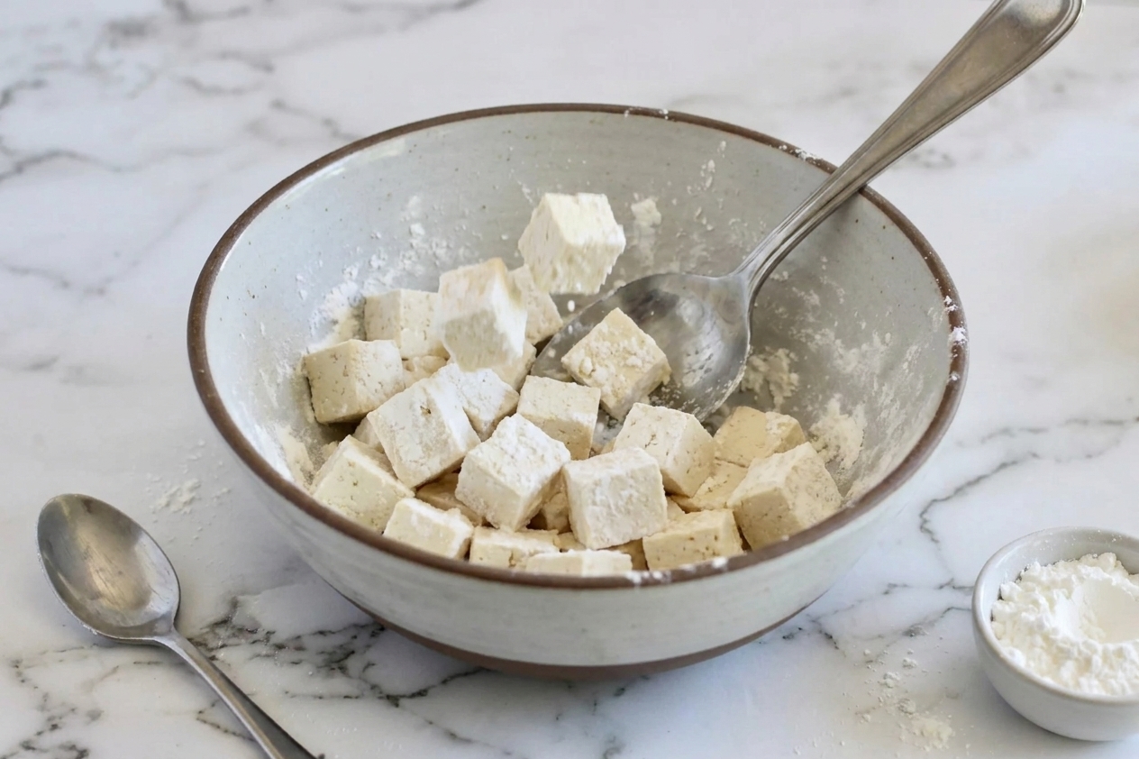 A mixing bowl filled with tofu cubes being tossed with cornstarch using a spoon on a bright kitchen counter