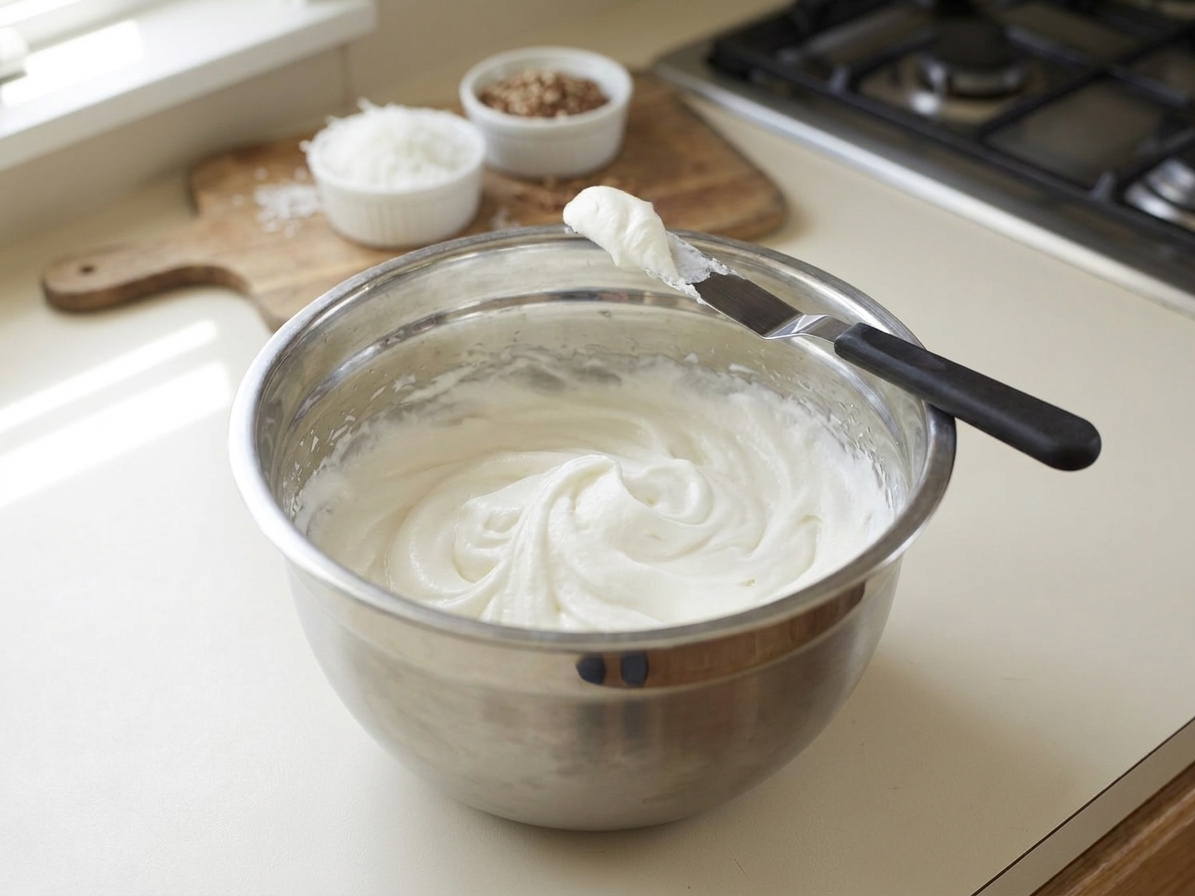 A mixing bowl filled with whipped cream cheese frosting with an offset spatula resting on the rim on a bright kitchen counter