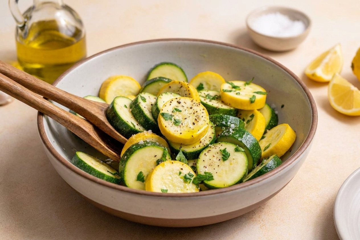 A mixing bowl filled with zucchini rounds tossed with olive oil, salt, pepper, and herbs on a kitchen counter