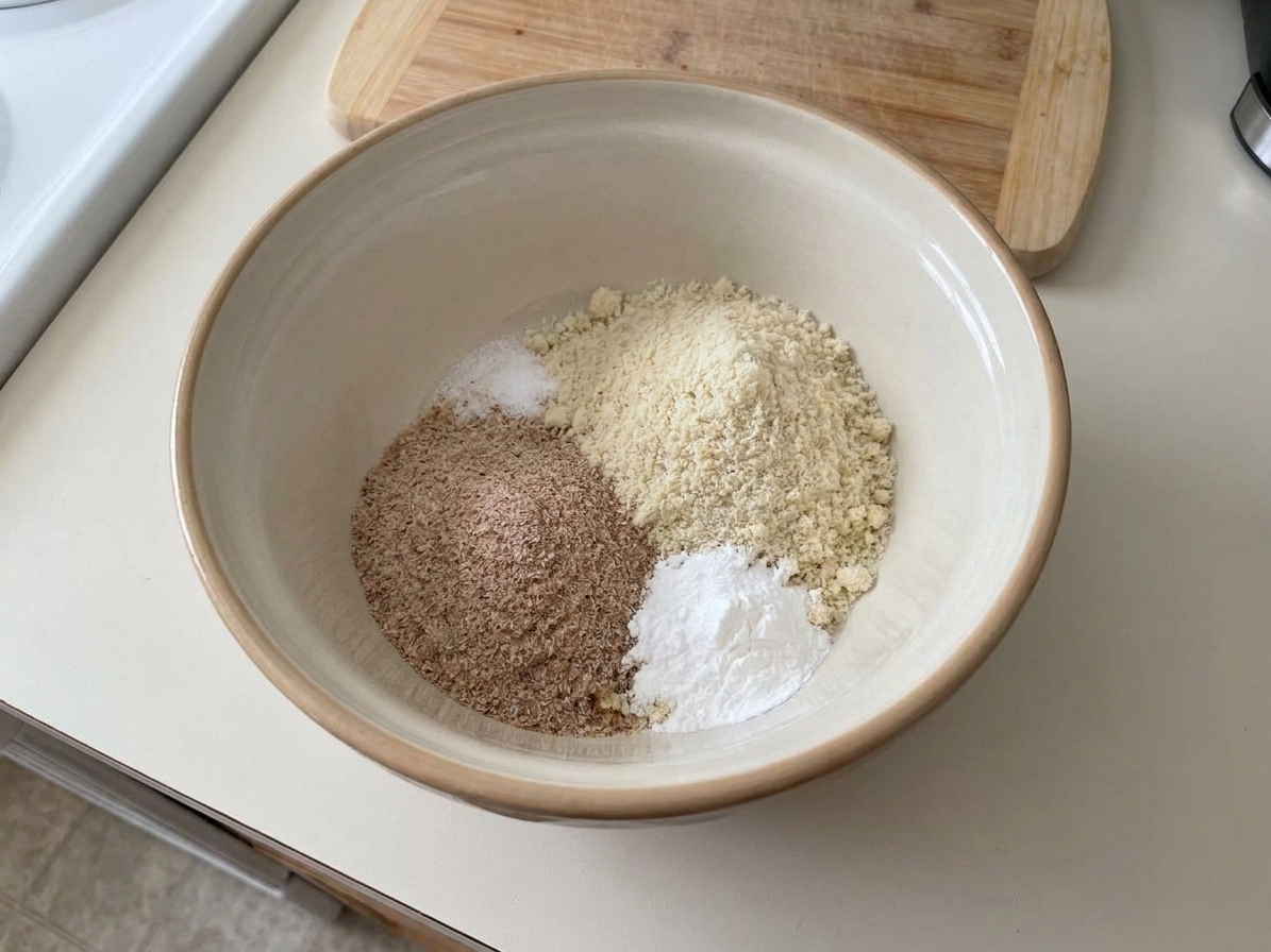 A mixing bowl holding almond flour, psyllium husk powder, baking powder, and salt before mixing