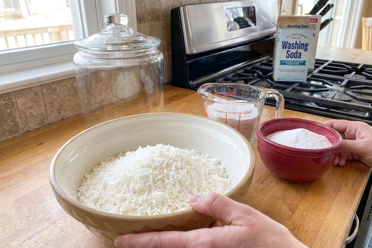 A mixing bowl holding finely grated castile soap next to measured washing soda and borax on a kitchen counter