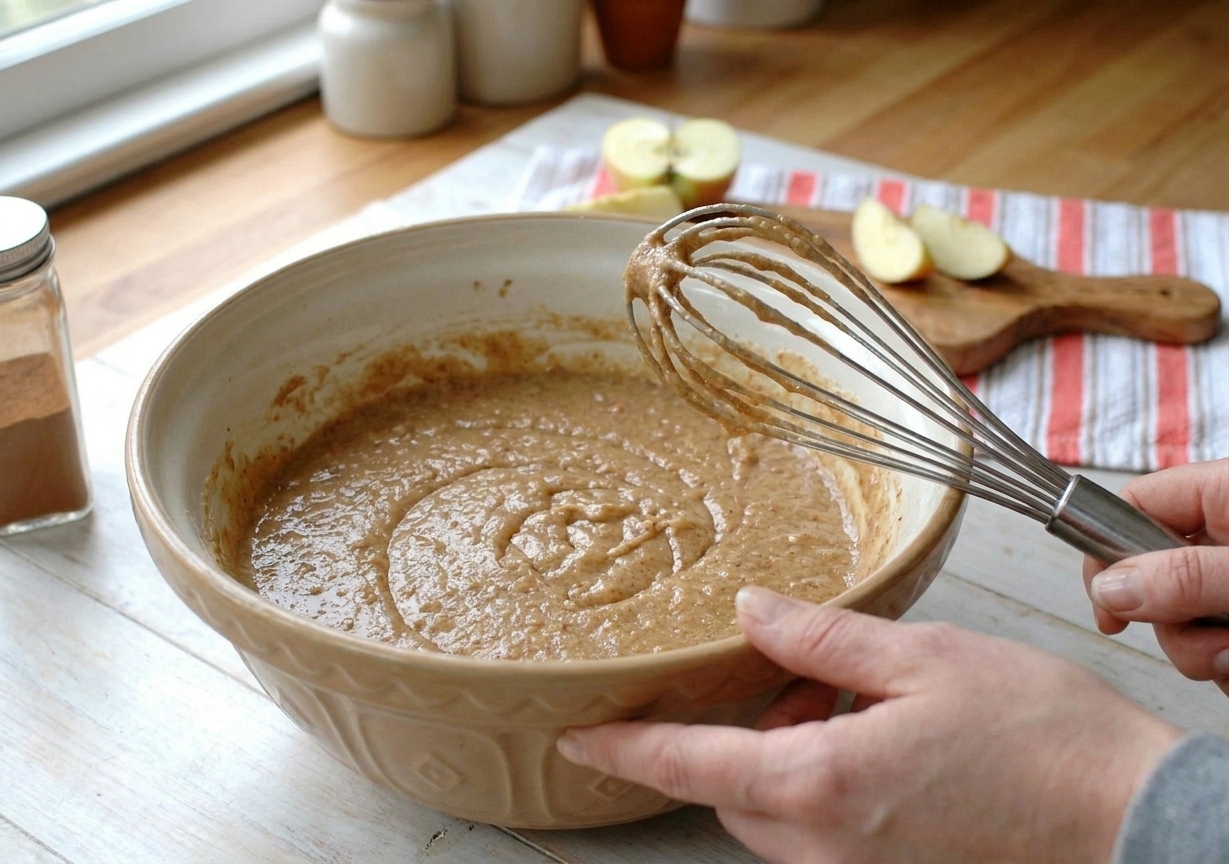 A mixing bowl of applesauce bread batter with a whisk resting inside on a light-colored kitchen counter