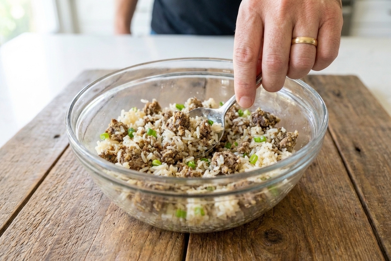 A mixing bowl of boudin and rice being stirred with a spoon, with green onions visible throughout